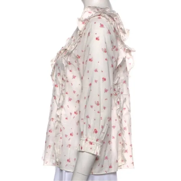 LoveShackFancy Cream & Pink Floral Print Ruffle Blouse - Image 8