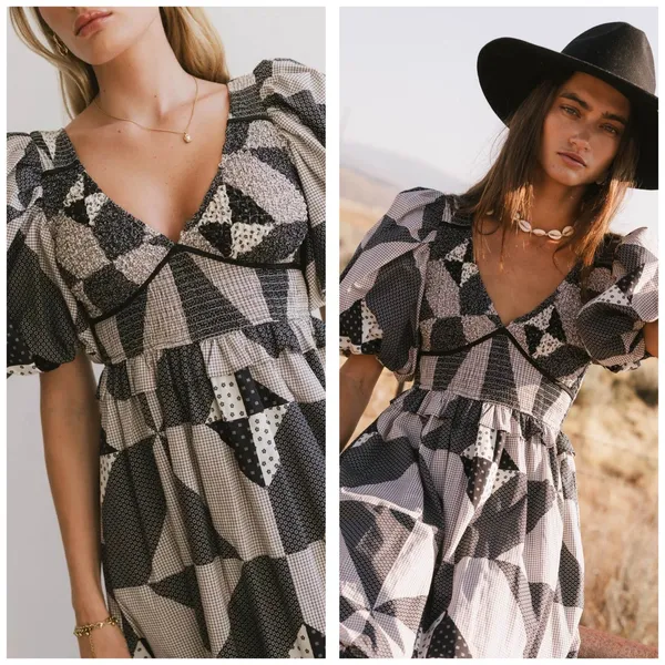 Bohme Brielle Patchwork Midi Dress Size Medium Puff Sleeve Check Plaid Boho - Image 8