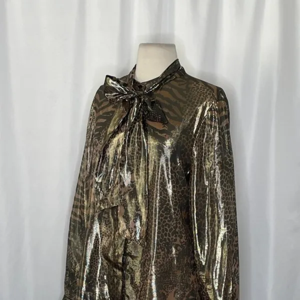REISS Kendall Metallic Animal Print Tie Neck Blouse Gold Buttondown Size 8 - Image 6