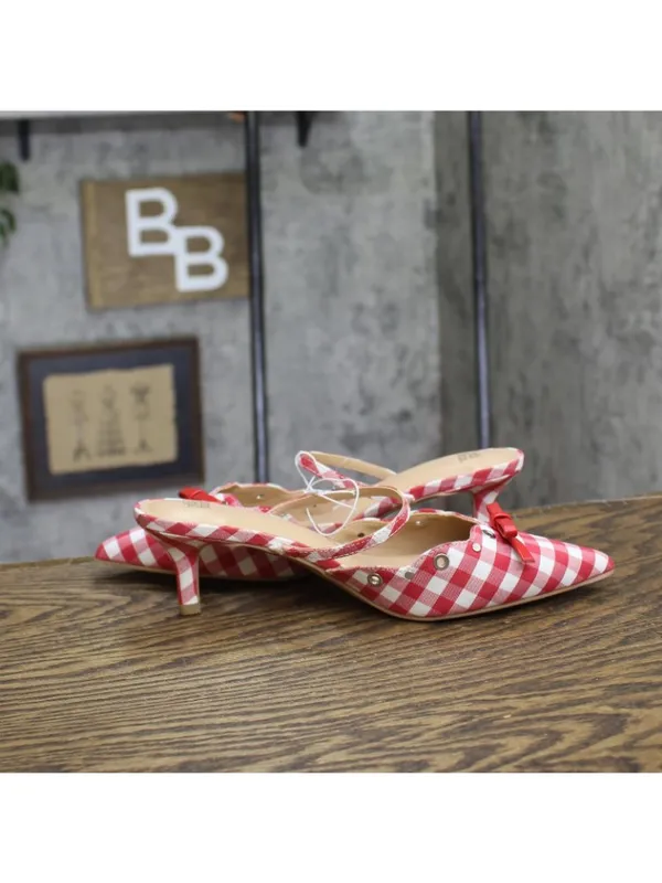 NWT Wild Fable Gingham Eyelet Kitten Heel Mules 92611152 Red / White 8.5M - Image 7