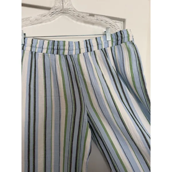 Wonderly Womens Cotton High Rise Tie Waist Ankle Pants Blue Green Striped XL - Image 11