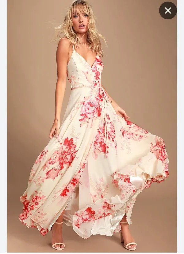 Lulus Elegantly Inclined Cream and Coral Floral Print Wrap Maxi Dress - Image 5