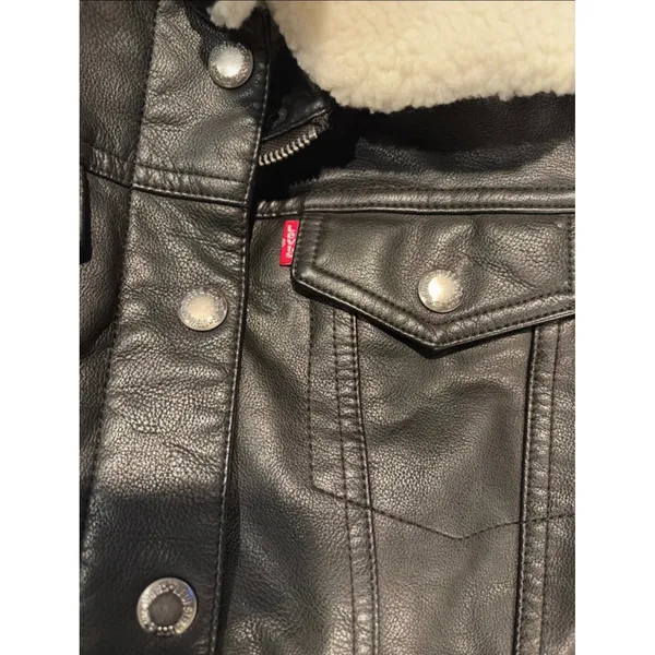 Levis Womens Sherpa Lined Faux Leather Trucker Jacket Black S Removable Collar - Image 5