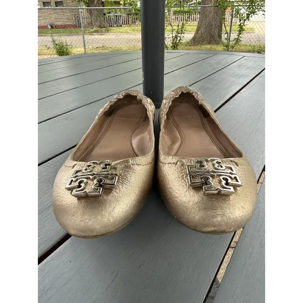Tory Burch Melinda Ballet Flats Metallic Gold Leather Double T Logo Size 7.5 M - Image 9