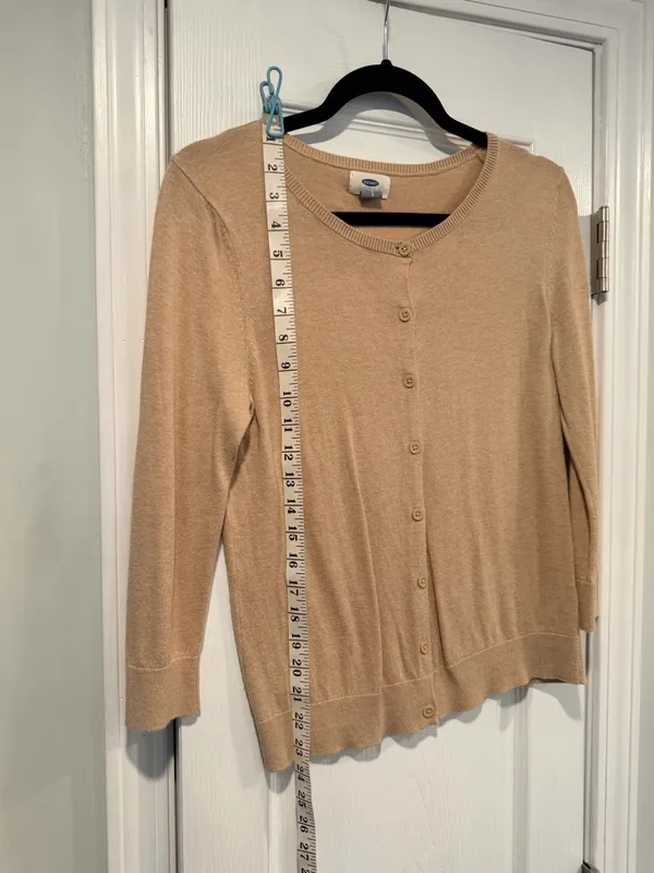 Old Navy Size S Tan Khaki Lightweight Cotton Crew Neck Button Cardigan Sweater - Image 3