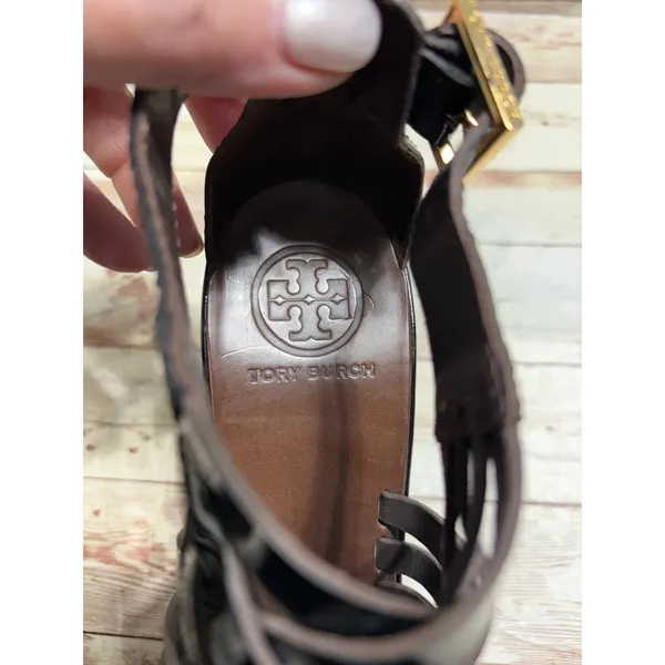 Tory Burch Annamarte Platform Wedge Sandals Size 6.5 Black Patent Leather Gold - Image 5