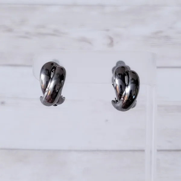 Vintage Clip On Earrings Dark Grey Twisted Chunky Hoops - Image 2