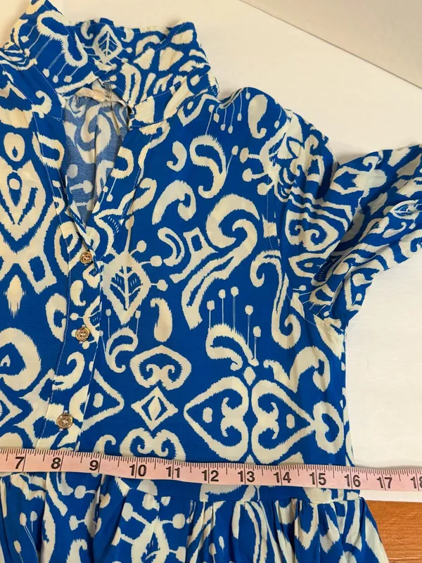 Entro Shirt Dress Women Size S Blue White Ikat Print Midi Side Pockets - Image 6