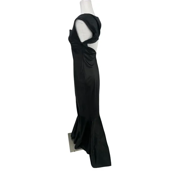 Vtg Scene Black Satin Maxi Mermaid Dress 3/4 Square Neck 90s Y2K Prom Goth Gown - Image 2