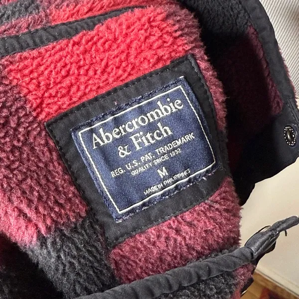 Abercrombie Red and Black Fleece Asymmetrical Snap Pullover Jacket - Image 4