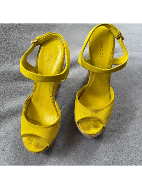 Gucci Microguccissima Yellow Suede Espadrille Platform Wedge Sandals 36.5 - Image 10