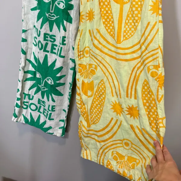 Anisa Anthropologie Soleil Wide Leg Sun Print Tassel Pants Green Yellow XS - Image 4