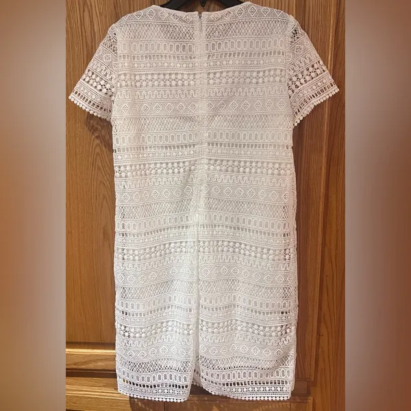 Mango White Crochet‎ Short Sleeve Lined Mini Shift Dress Size 6 Medium Cruise - Image 6