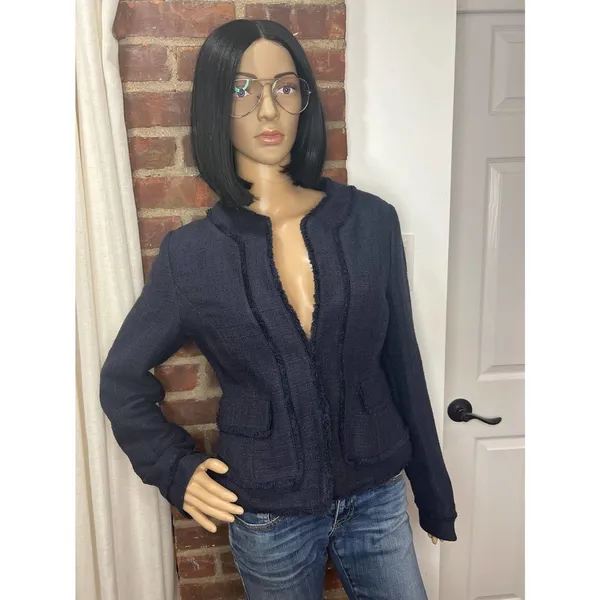 Ann Taylor Quiet Luxury Navy Tweed Fringe Jacket Blazer Size 4 - Image 2