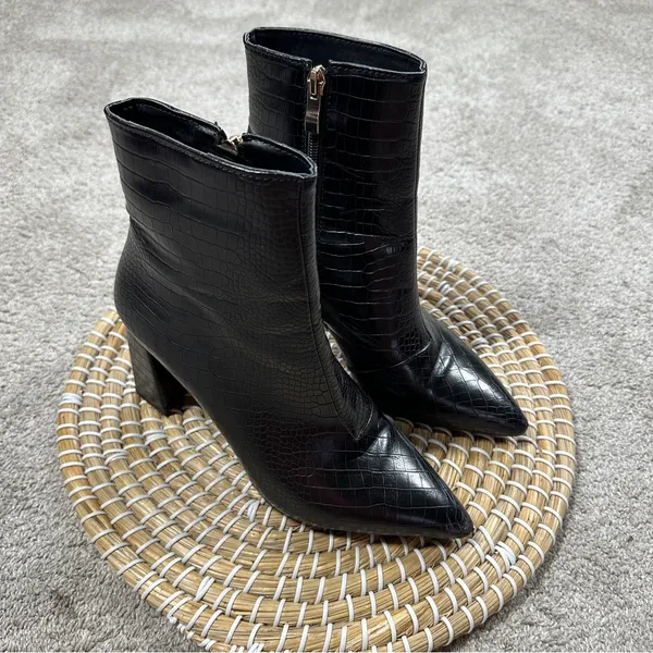 Billini Women’s Alden Boots Booties Block Heels Zip Side Party in Black Croco 7 - Image 2