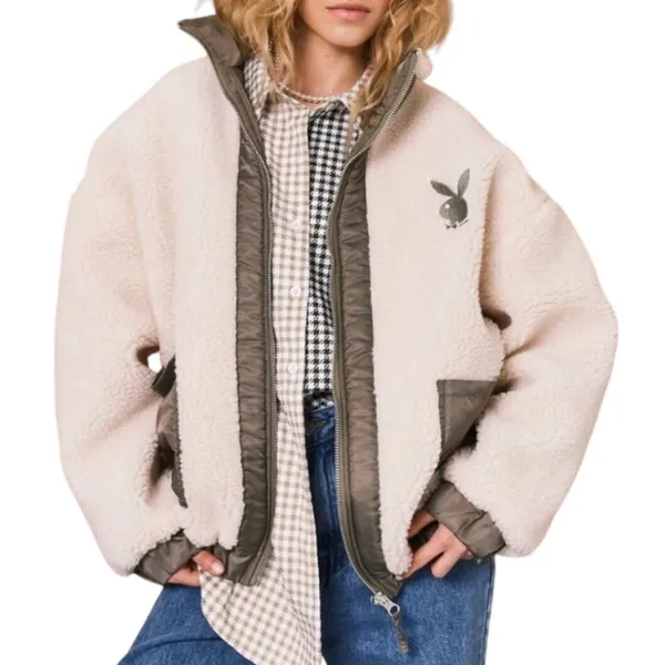 Playboy x Missguided Jacket Bomber Fleece Bunny Logo Ivory Olive Women’s Size 4 - Image 3