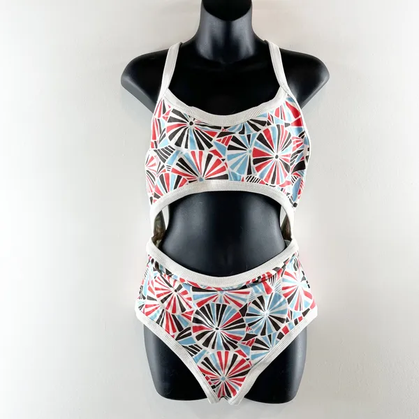 Aerie Cutout One Piece Swimsuit White Blue Red Large - Image 2
