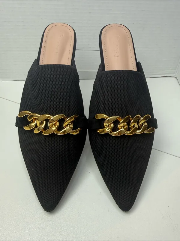 CUCCOO Black Pointed Toe Mule Flats Gold Chain EU 41 US 10-10.5 - Image 6