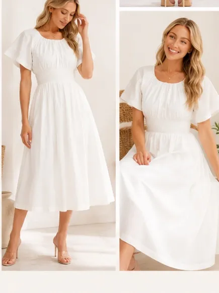 White Cotton Smocked Waist Maxi Dress with Pockets | Boutique NWT - Image 8