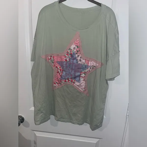 Layered Fabric Star Patchwork MintGreen Oversized T Shirt Y2K Indie Americana XL - Image 11
