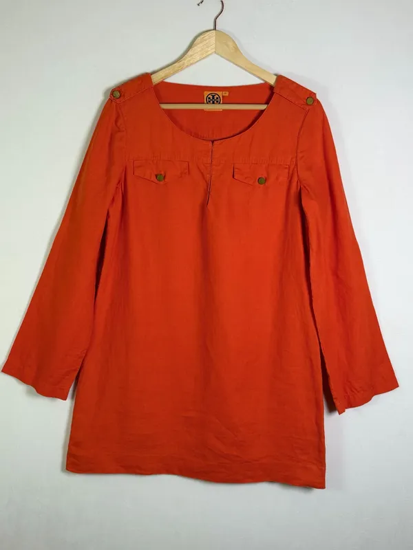 Tory Burch 100% Linen Shift Dress Orange Roll Tab Sleeve Mini Tunic Women’s 10 - Image 3