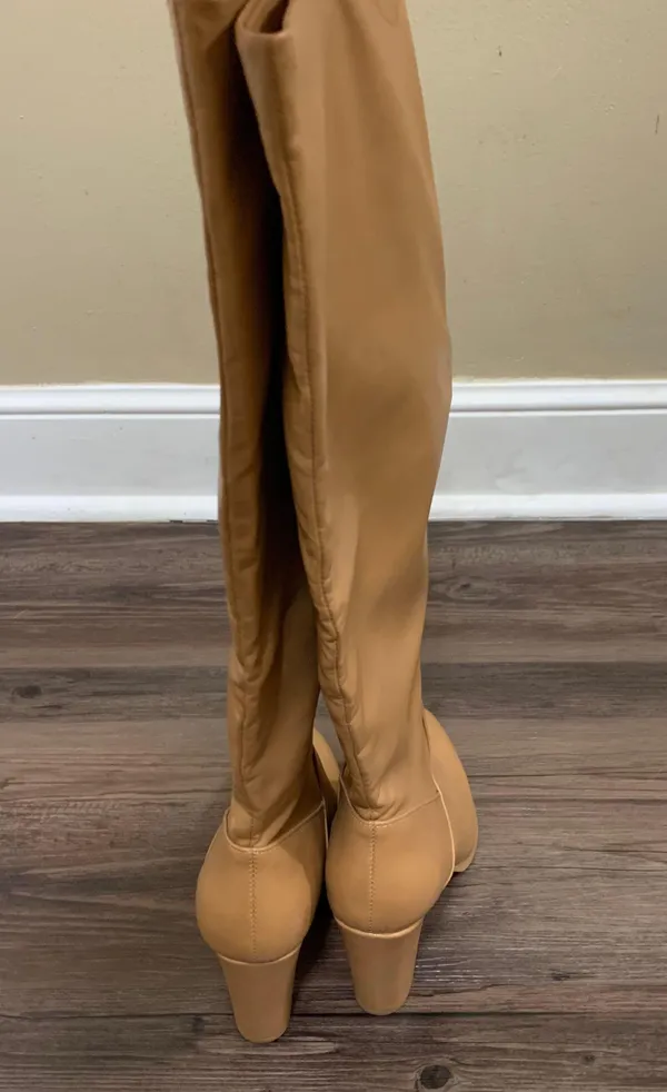 Tan Vegan Leather Heeled Stovepipe Boots - Image 7