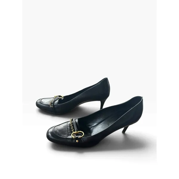 Vintage Y2K Gucci Hasler Black Leather Gold Horsebit Chain Loafer 8.5 39 Heels - Image 6