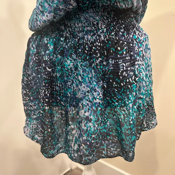 Ramy Brook Teal Printed‎ Paris Silk Mini Drop Waist Sleeveless Blouson Dress XS - Image 7