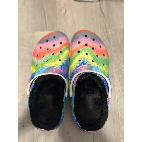 Crocs Classic Black Faux Fur Lined Tie‎ Dye Rainbow Clogs Shoes Slides M7 W9 - Image 2
