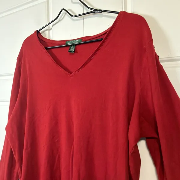 Lauren Ralph Lauren V-Neck Top Women 2X Red Long Sleeve Cotton T-Shirt - Image 8