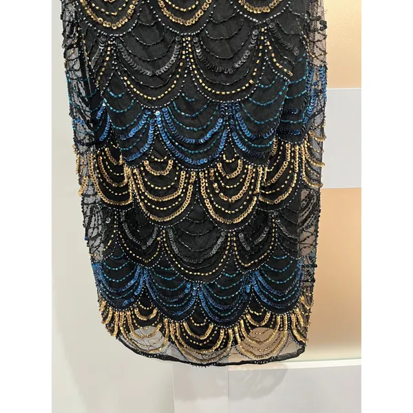 Vintage Art‎ Deco Beaded Scallop Mini Dress Navy Gold Iridescent Flapper - Image 6