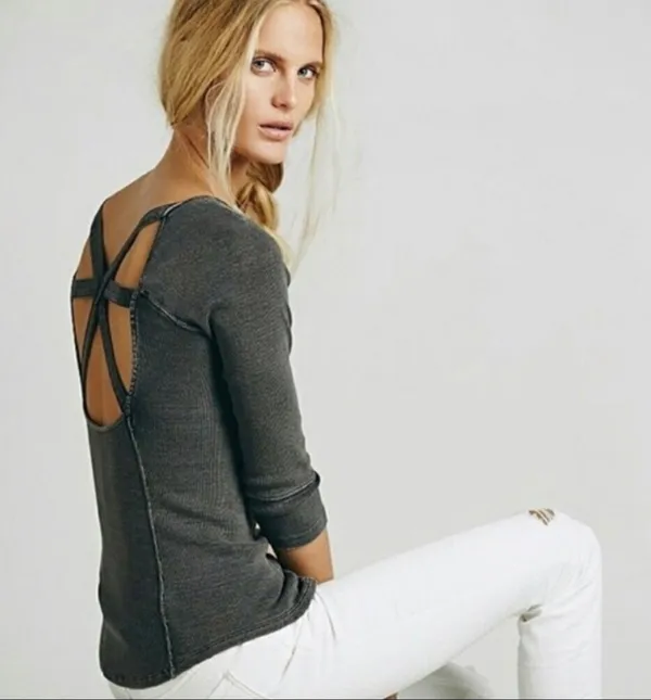 Free People FP Star Crossed Ribbed Knit Tee in distressed dark gray WOMENS XS - Image 2