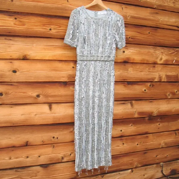 Mac Duggal 5980 Blue High Neck Short Sleeve Crystal Fringe Column Dress - Image 7