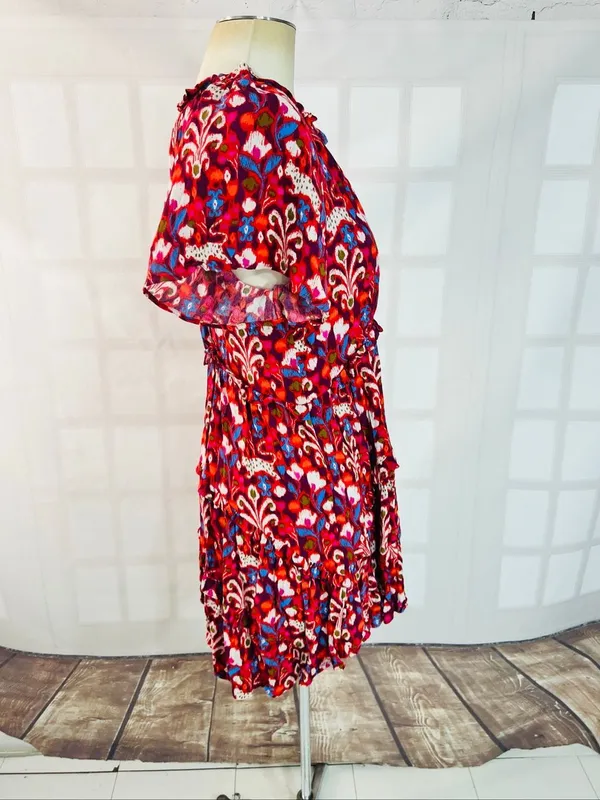Anthropologie Red Pink Robin Floral Ruffle‎ Tiered V-Neck Mini Dress Size XS - Image 6
