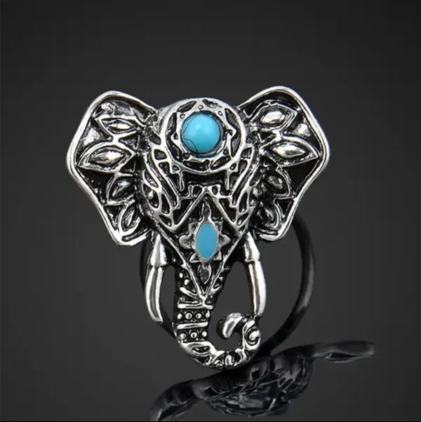 Bohemian Elephant Ring with Turquoise Accent Silver Plated‎ Adjustable Open Band - Image 6