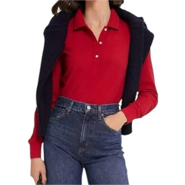 NEW Tuckernuck Peggy‎ Long Sleeve Cotton Polo Shirt in Red Size XS - Image 2