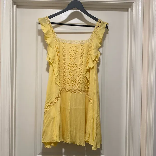 Free People One Yellow Priscilla Mini dress Crochet Embroidery Small Boho Preppy - Image 3