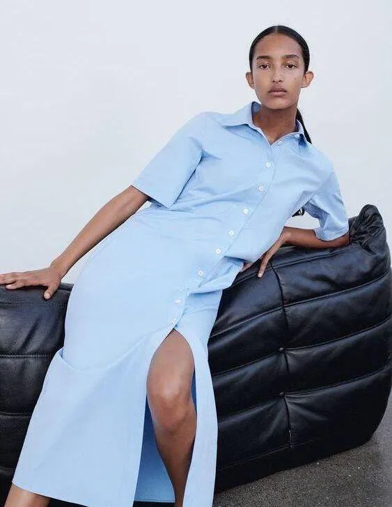 ZARA Blue Ruched Buttoned Slit Midi Dress - Image 2