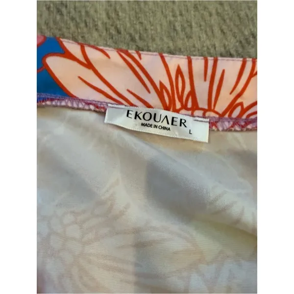 Ekouaer Pink Tropical Floral Button Up Shorts Two Piece Set L - Image 4