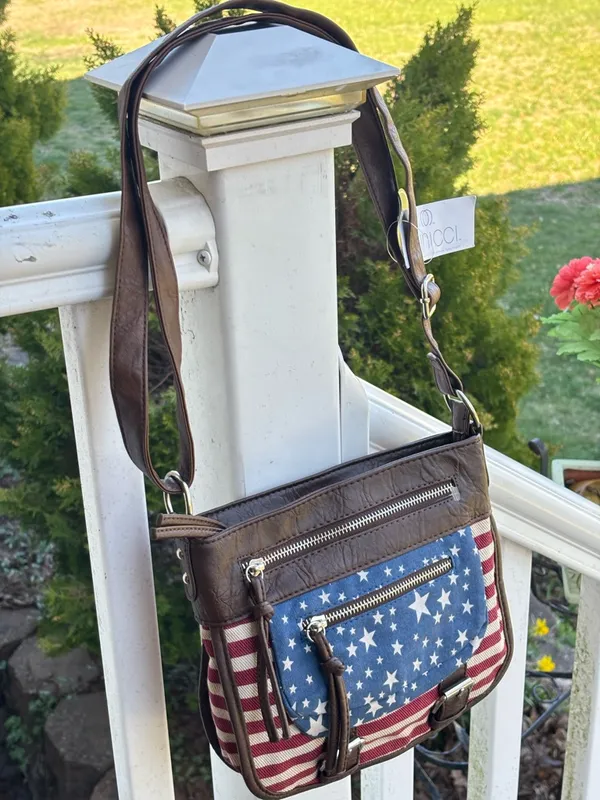 Minicci Americana Stars & Stripes Canvas Crossbody Bag - Brown & Red/White/Blue - Image 7