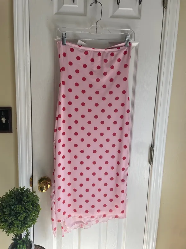 See You Monday Pink Coquette Cottagecore with Red Polka Dot Midi Strapless Dress - Image 4