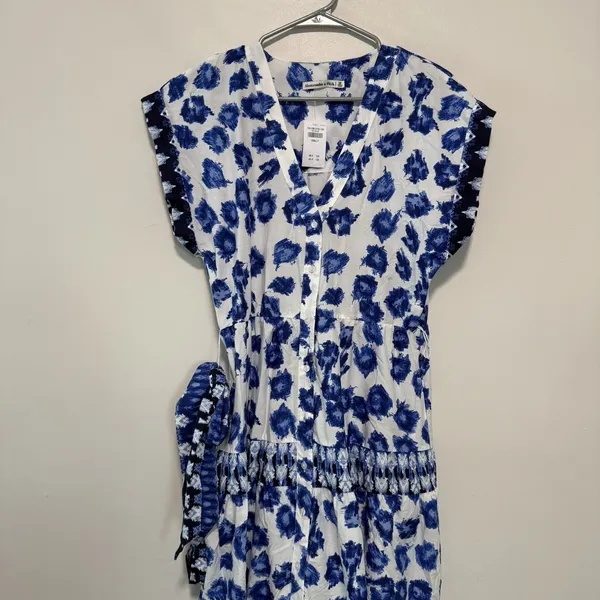 Abercombie NWT Blue Patterened Tiered Midi Tie Waist Shirt Dress Small Petite - Image 2