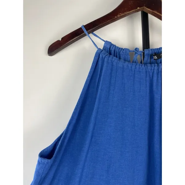 Zara Linen Blend Blue Ruffle Hem Mini Strappy Halter Casual Dress Size‎ M - Image 4