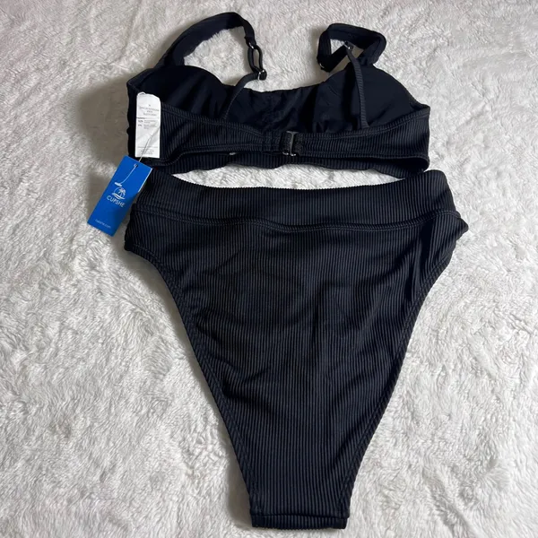 Cupshe Black Ribbed High Waisted‎ Bikini Set Keyhole Top Crossover Bottom Medium - Image 6