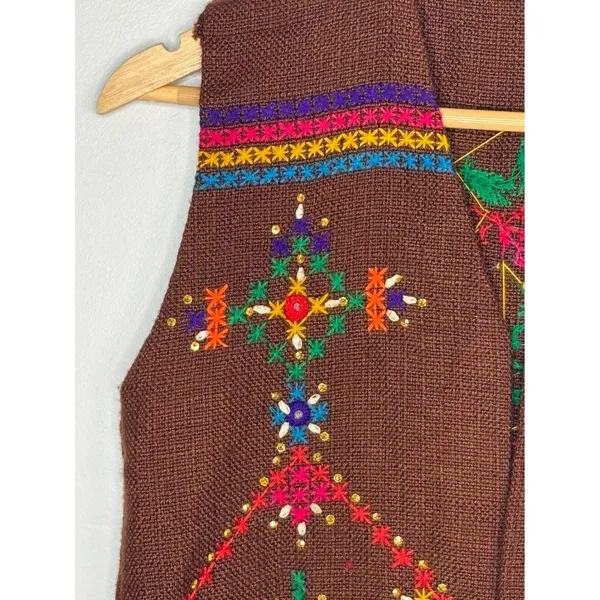 Vintage‎ Embroidered Knit Vest Womens Small Brown Boho Shell Fringe Trim - Image 4