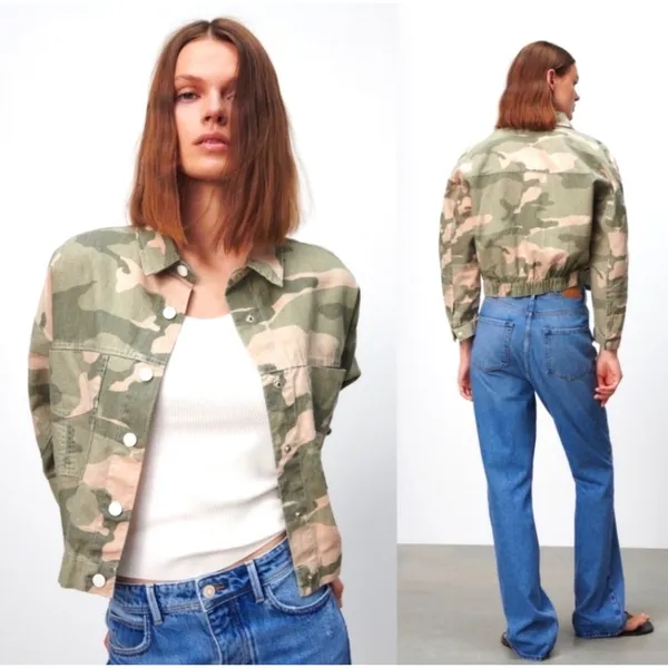 Zara Green Camo‎ Linen Blend Cropped Jacket, Womens Medium - Image 2