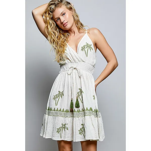 POL Palm Tree Print Wrap Bodice Smocked Waist Ruffle Hem Dress - Medium - Image 4