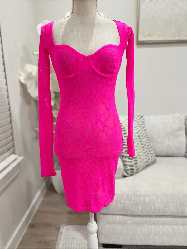 Skims Stretch Lace Lined Hot Pink Long-Sleeve Woman’s Mini Dress Size Small - Image 2