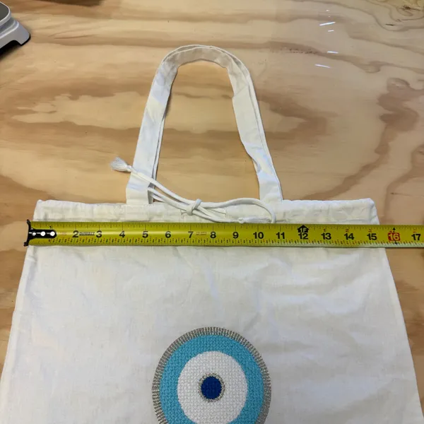 Buggy Cotton Tote Bag Embroidered Evil Eye Drawstring Tassel Blue Silver White - Image 6