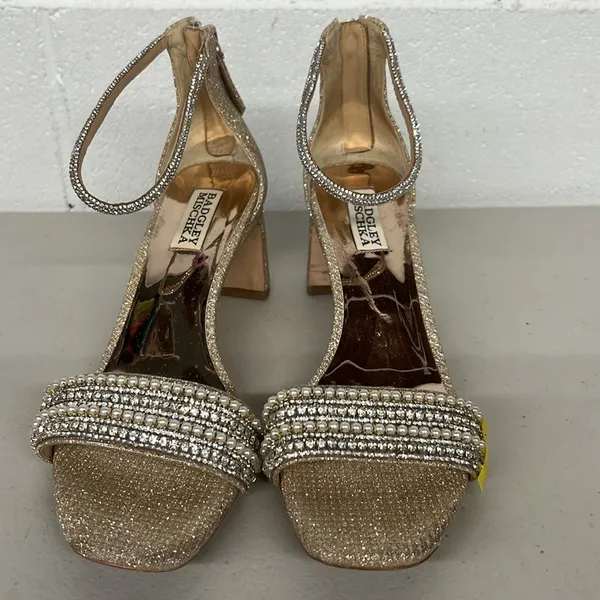 Badgley Mischka Sz 8 open toe heels wedding bridal prom gold silver rhinestone - Image 2